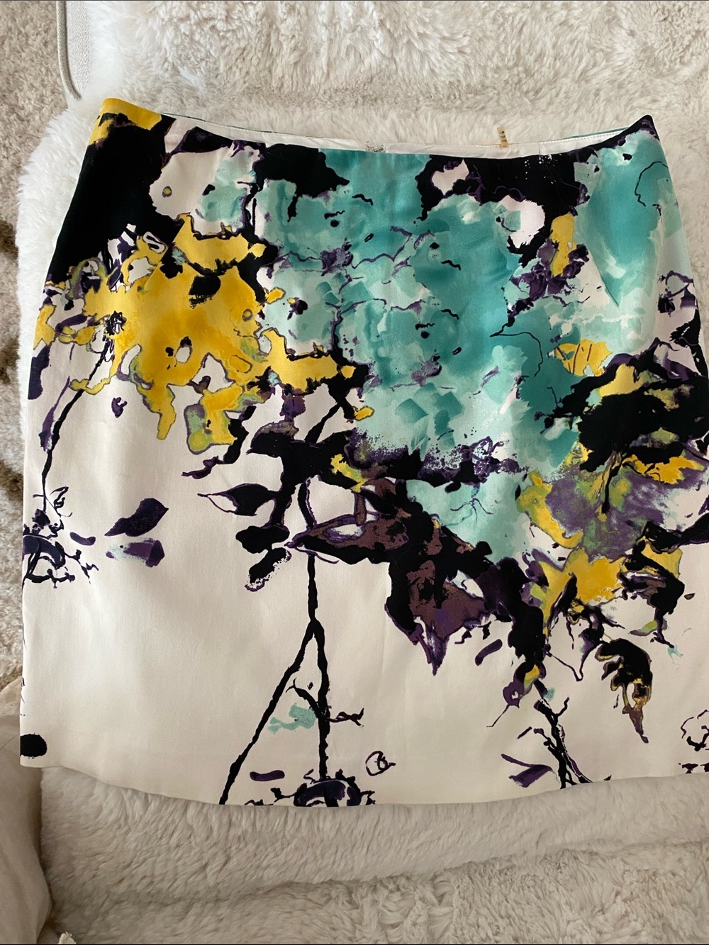 Tahari Abstract Paint-Print Pencil Skirt in White, Teal, Yellow & Black